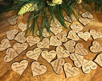 Personalised Bamboo Hearts: Mr Mrs Wedding Table Scatter Favours (30 Pack)