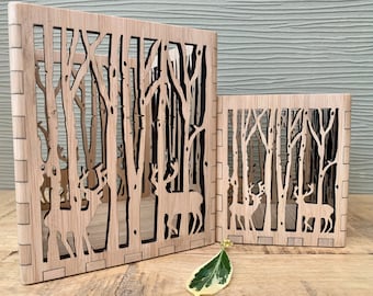 Personalised Wooden Candle Holder, Deer in the Forest Lantern, Laser Cut Tea Light Holder