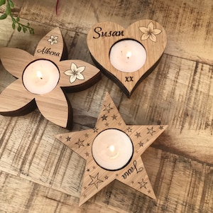 Personalised Wooden Heart Tea Light Holder, Star, Flower, Christmas gift, Mother&#39;s Day, Housewarming, Birthday Gift, Anniversary Gift, Gift
