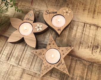 Personalised Wooden Heart Tea Light Holder, Star, Flower, Christmas gift, Mother&#39;s Day, Housewarming, Birthday Gift, Anniversary Gift, Gift