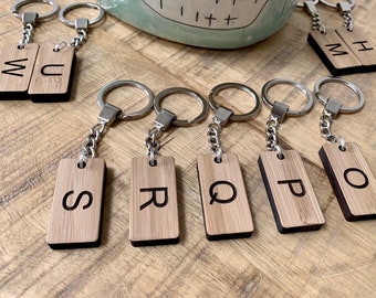 Personalised Wooden Initial Keyring: Custom Engraved Key Fob, Bag Tag