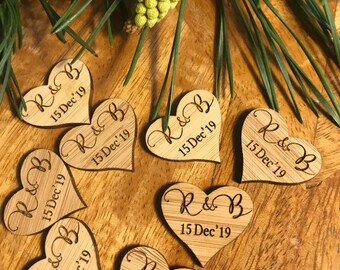 Personalized Bamboo Heart Confetti, Wedding Table Decorations (Set of 30)