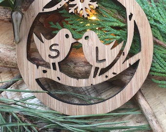 Personalised Wooden Love Birds Christmas Decoration Ornament Stocking Filler Christmas Tree Decoration Christmas Gift Laser cut Bamboo