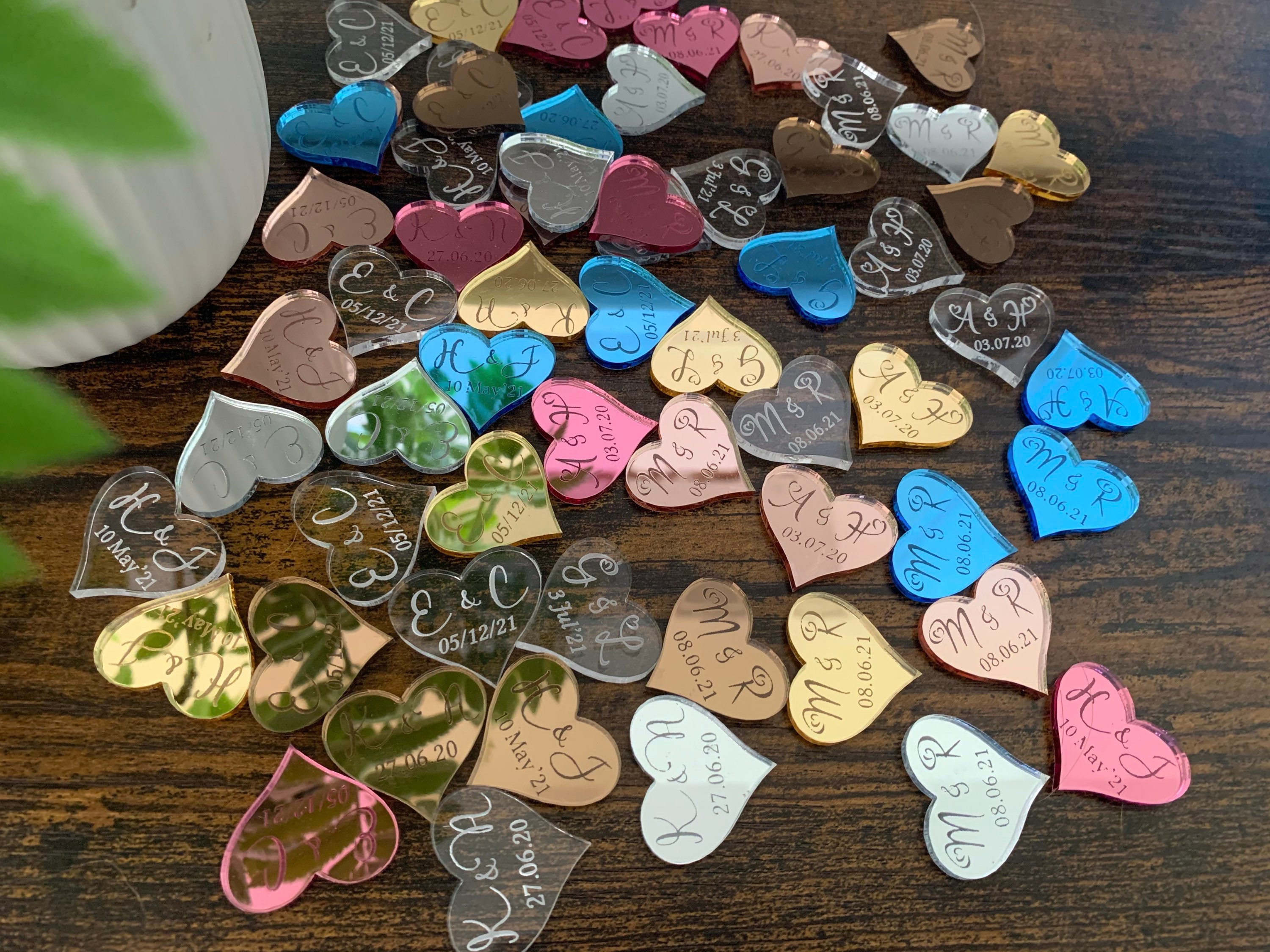 Table Confetti Personalised Keepsake Mirror/Transparent Hearts ! WOW 