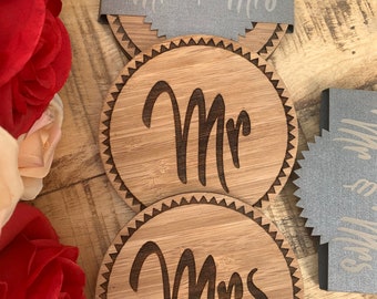 Wooden Mr and Mrs Coasters , Set of 2 Coasters with Card Bellyband, Wedding Gift, Anniversary Gift, House Warming Gift, New Home, Newly weds