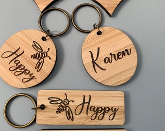 Personalised Wooden Keyring: Engraved Bee Happy Keychain, Custom Key Fob