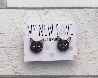 Black Cat wooden stud earrings