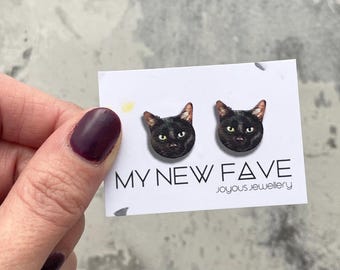 Black Cat wooden stud earrings