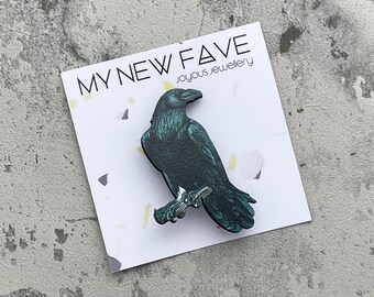 wooden Raven Brooch