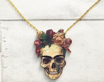 Frida skull wooden necklace, laser cut