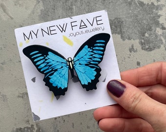 Blue wooden Butterfly Brooch