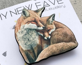 Fox cubs Brooch: lasercut wood