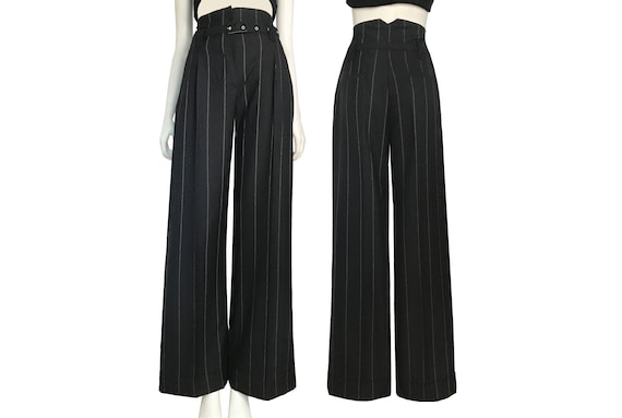 90s high rise wide leg black striped pleated trous