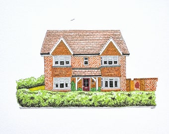 Custom made A5 house portrait in pen and ink. Personalised.