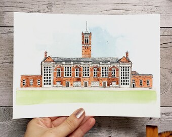 Custom school painting in watercolour. Perfect leavers/teacher gift.