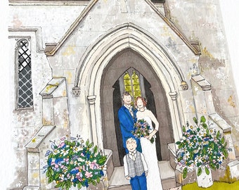 Custom made A4 wedding venue portrait in pen and ink. Personalised.