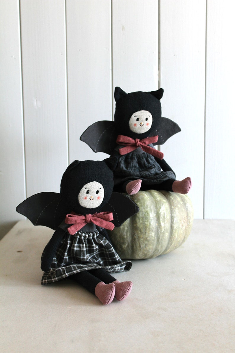 Heirloom art doll. Linen cloth doll. Goth rag doll. OOAK doll. Bat halloween gift. Vampire toy. image 8