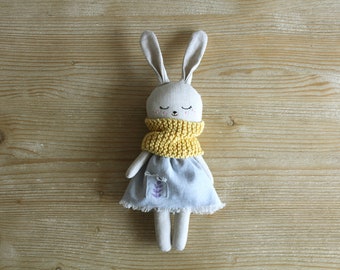 Bunny doll with blue dress. Organic toy. Easter bunny for baby gift. Rabbit doll. Minimalist soft doll. Stuffed animal. Handmade cuddly toy