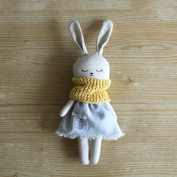 Bunny doll with blue dress. Organic toy. Easter bunny for baby gift. Rabbit doll. Minimalist soft doll. Stuffed animal. Handmade cuddly toy