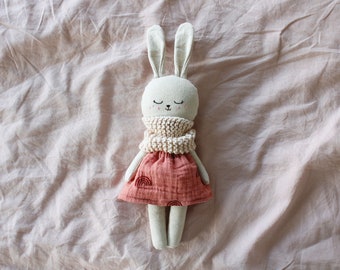 Bunny doll with coral muslin dress and beige scarf. Eco-friendly baby gift. Organic stuffed animal. Plush rabbit toy. Little cloth doll