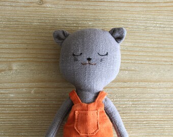 Grey cat doll with orange corduroy dungarees. Linen kitten doll. Soft stuffed animal. Cloth doll kitty. Handmade organic toy. Baby shower