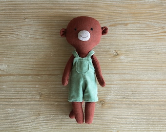 Monkey doll with green corduroy dungarees. Linen monkey. Stuffed animal gorilla overalls. Organic toy rompers. Baby gift. Ape cloth doll