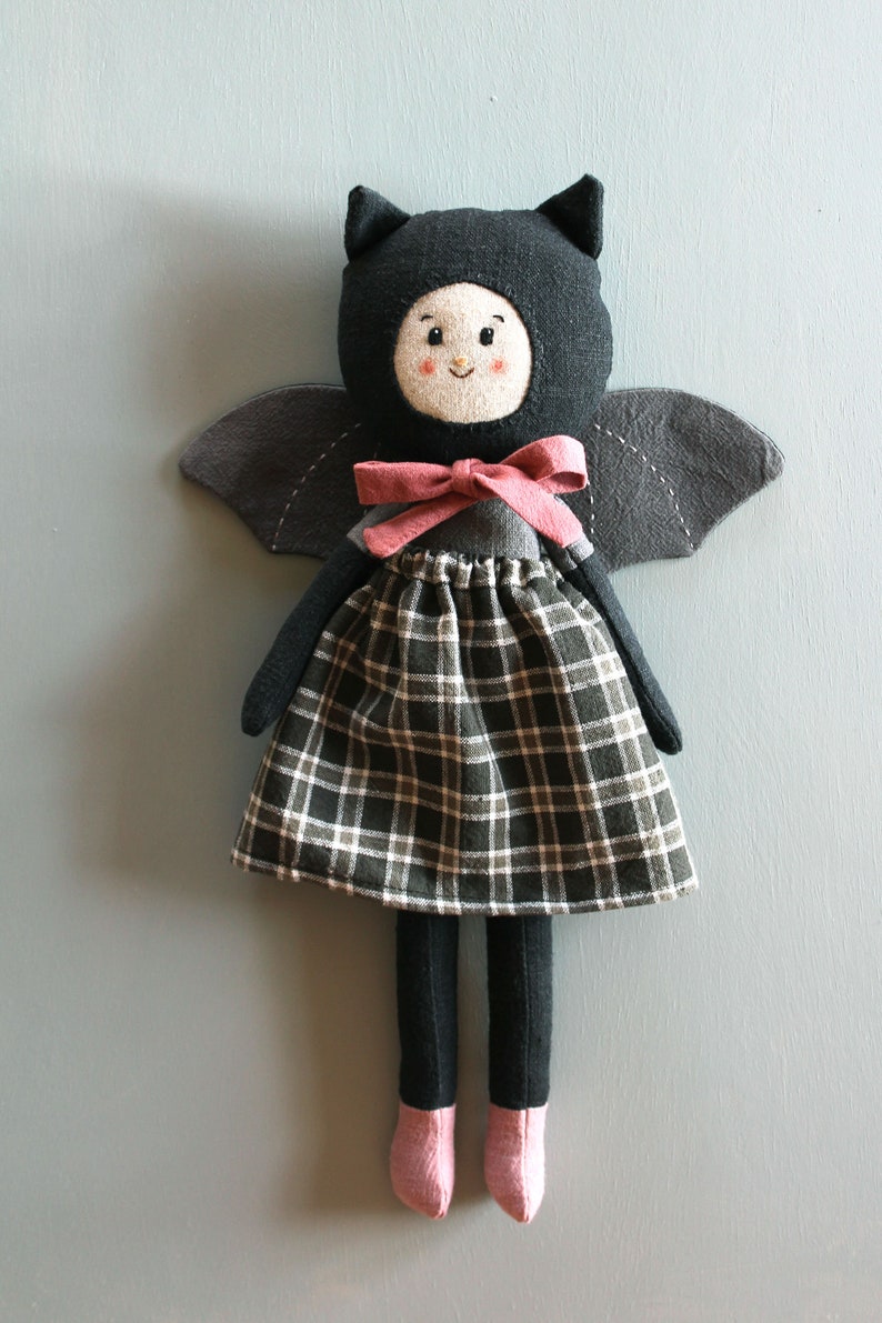 Heirloom art doll. Linen cloth doll. Goth rag doll. OOAK doll. Bat halloween gift. Vampire toy. image 2