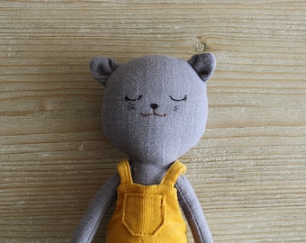 Grey cat doll with yellow corduroy dungarees. Linen kitten doll. Soft stuffed animal. Cloth doll kitty. Handmade organic toy. Baby shower