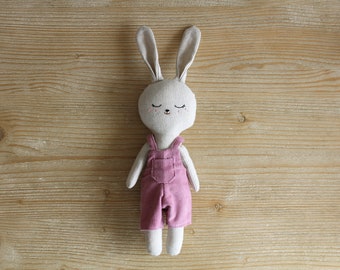 Bunny doll with lilac corduroy dungarees. Rabbit doll with overalls. Soft stuffed animal. Easter bunny toy. Organic toy. Baby shower gift