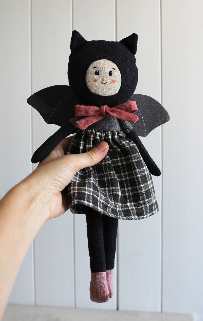 Heirloom art doll. Linen cloth doll. Goth rag doll. OOAK doll. Bat halloween gift. Vampire toy. image 6