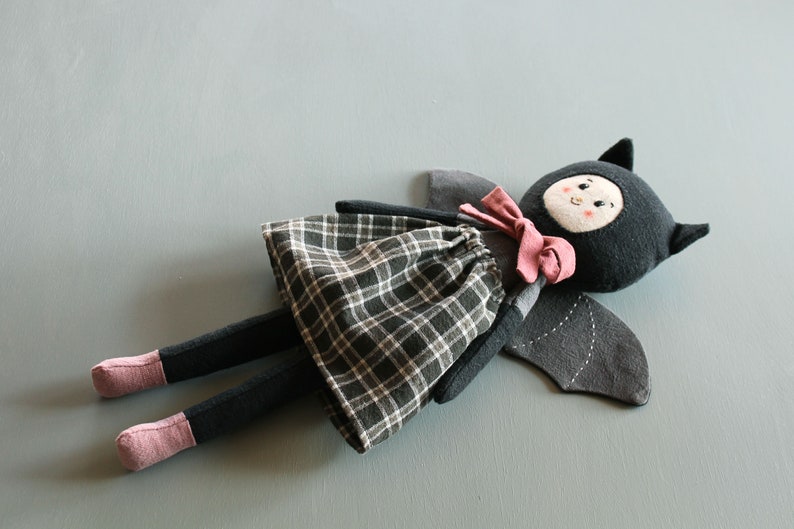 Heirloom art doll. Linen cloth doll. Goth rag doll. OOAK doll. Bat halloween gift. Vampire toy. image 3