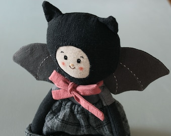 Heirloom art doll. Bat halloween gift. Vampire toy. Linen cloth doll. Goth rag doll. OOAK doll