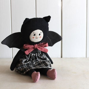 Heirloom art doll. Linen cloth doll. Goth rag doll. OOAK doll. Bat halloween gift. Vampire toy. image 1