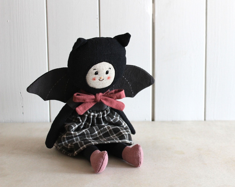 Heirloom art doll. Linen cloth doll. Goth rag doll. OOAK doll. Bat halloween gift. Vampire toy. image 1