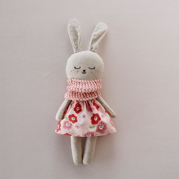 Bunny doll with pink dress and scarf. Easter bunny gift. Eco-friendly baby gift. Organic stuffed animal. Plush rabbit toy. Little cloth doll