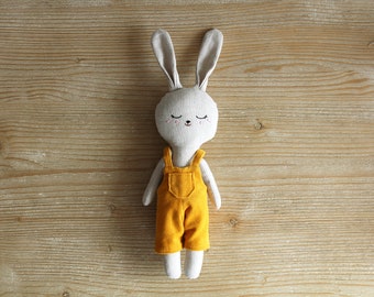 Bunny doll with yellow corduroy dungarees. Rabbit doll with overalls. Soft stuffed animal. Easter bunny toy. Organic toy. Baby shower gift