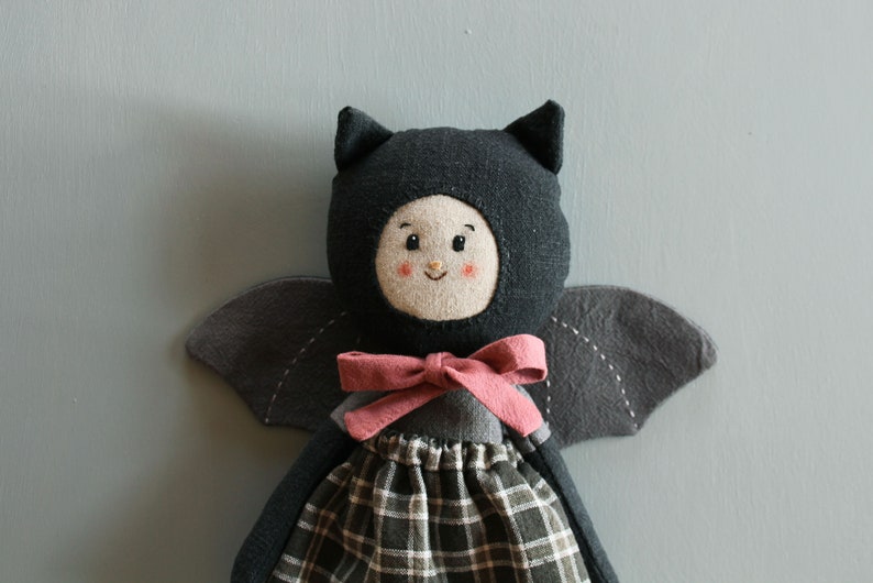 Heirloom art doll. Linen cloth doll. Goth rag doll. OOAK doll. Bat halloween gift. Vampire toy. image 4