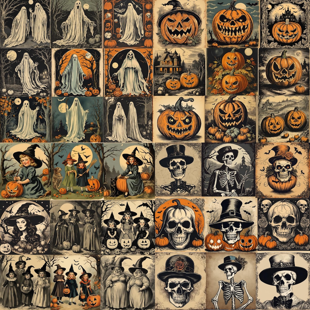 Vintage Halloween Digital Set: Skulls, Witches, Ghosts (36 PNG Prints ...
