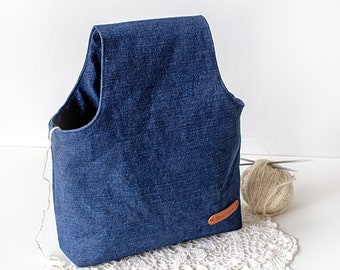 Denim knitting bag Small Sock bag Wristlet Project bag for crochet knitting tote Yarn Needlecraft bag Knitters man gift Knitting gift