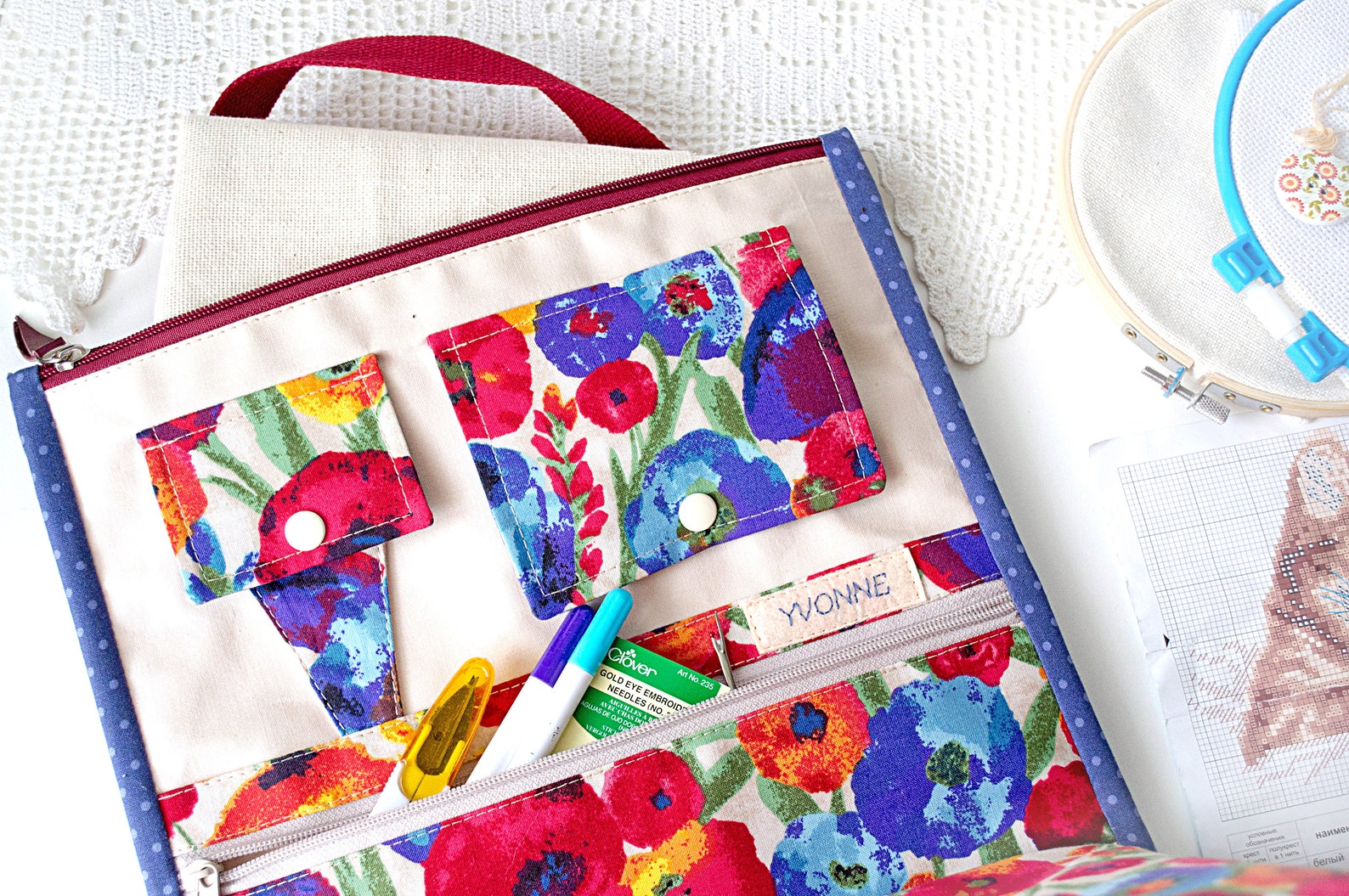 Custom Cross stitch hand embroidery project bag 8x8 q snap Etsy