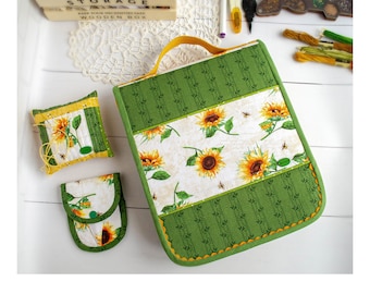 Set Sunflowers and bees cross stitch tools project zipper bag organizer for Q-snap 8 inch 35 small thread bobbins, scissors case, pincushion