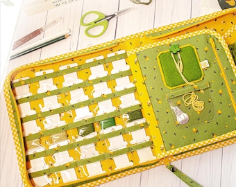 May include: A fabric embroidery floss organizer case featuring a green floral pattern with yellow flowers and a yellow gingham trim. The interior contains multiple slots holding white cardboard bobbins with thread and a green felt needle cushion.