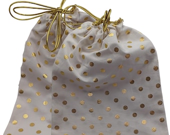 Gift bags white with gold polka dots and gold trimming drawstring bags set of 6
