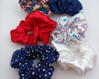 4th of July Summer Hair Scrunchies, USA themed hair scrunchies, cotton and silk satin, 1 Set includes all 6