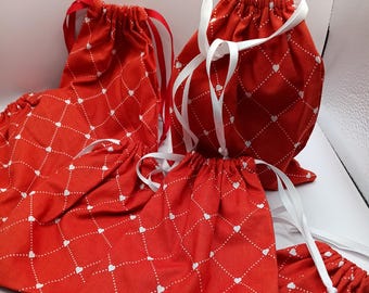 Red Cotton Drawstring Gift Bags with White Hearts, Party Favor Bags, 6 individual bags