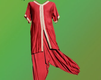 Complete outfit - red tunic and red harem pants / baggy trousers - pagan bohemian Celtic hippie india Arabian Aladdin Ottoman folk fantasy