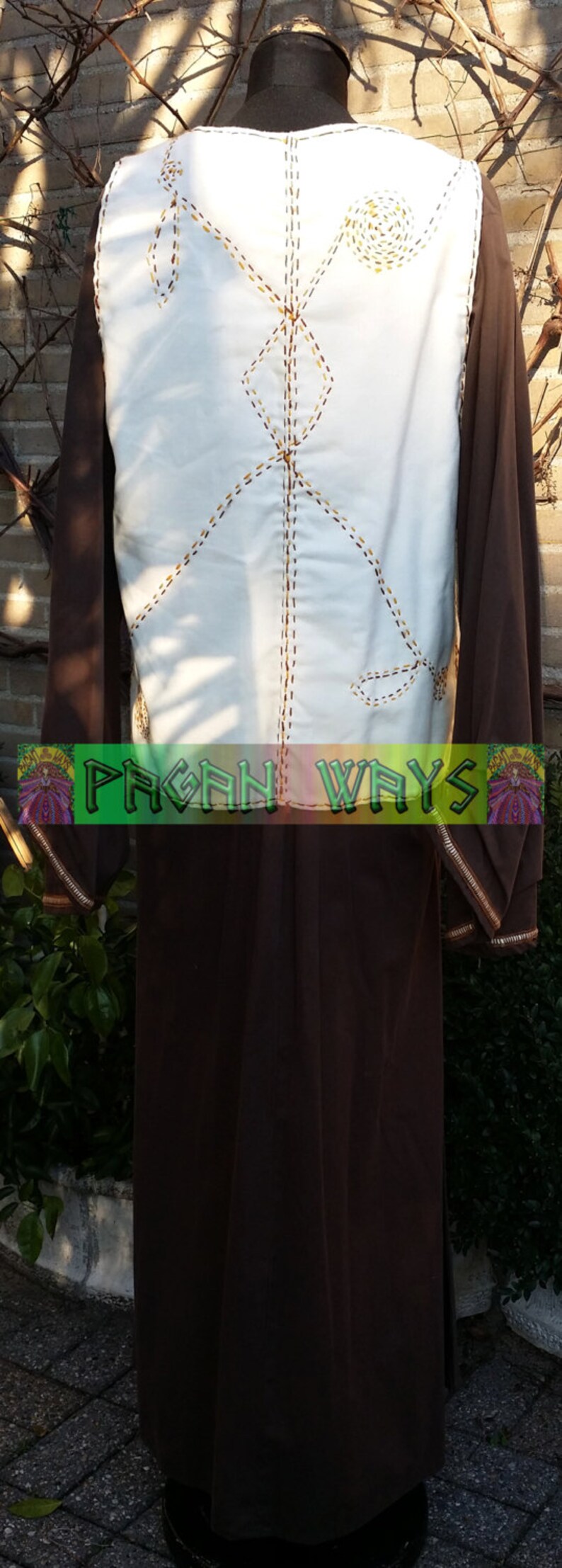 Complete outfit unique white music inspired jacket with embroidered clef and spirals and brown dress pagan bohemian hippie folk fantasy image 3