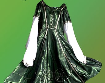 Pagan fantasy dress hand embroidered green taffeta taffety silk handfasting celtic wedding Morgaine Avalon Goddess
