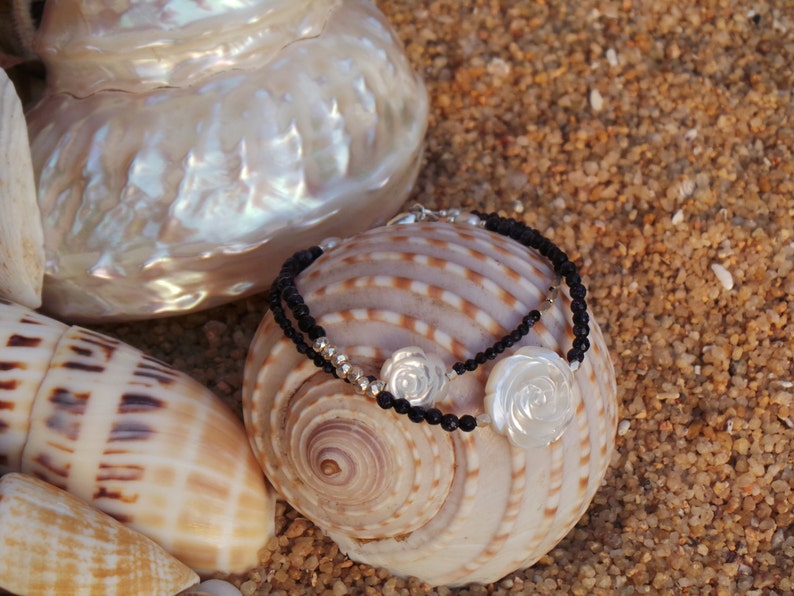 Karen Hill Tribe Silver Tiny beads Bracelet Tiny Blue Goldstone Bracelet Natural White MOP craved roses Bracelet Gemstone Jewelry.