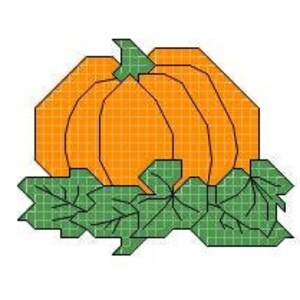 Op de afbeelding: Een oranje cartoon-achtige pompoen met een groene steel en bladeren. De pompoen is zwart omlijnd en heeft een eenvoudig, geometrisch ontwerp.